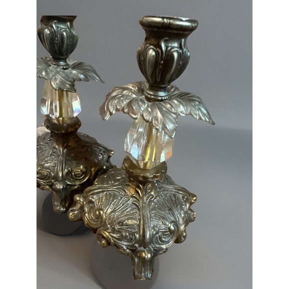 Pair Antique Hollywood Regency Style Ornate Gold cast Brass  Candlestick Holders main image 3
